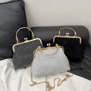 Sparkling rhinestone evening bags in three colors with round metal handles and chain straps