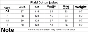 Detailed size chart for plaid padded jacket featuring chest and length measurements