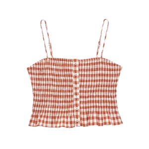 Detail of orange and white plaid shirred camisole top with decorative front buttons
