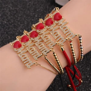 Bracelets Maman ajustables avec breloques cœur en zircone et perles dorées
