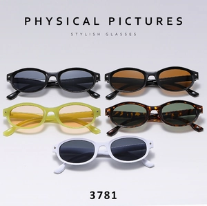 Vue à plat de petites lunettes de soleil ovales avec rivets en cinq couleurs acidulées