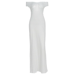 Detail of off-the-shoulder neckline and black polka dot print on white maxi dress