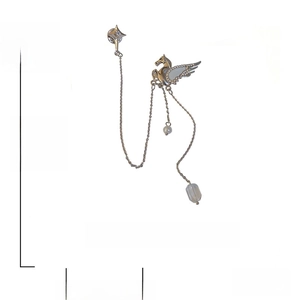 Detailed view of silver Pegasus brooch with rhinestones, tassels, and size measurements