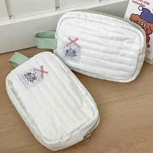 Mint green polka dot elephant quilted cotton makeup bag with handle for travel