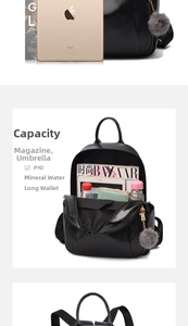 Detail view of black PU leather backpack showing large interior capacity and side storage