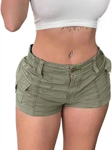 Army green low waist cargo denim shorts with multiple pockets shown on a model
