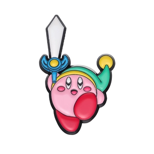 Pink Kirby enamel pin accessory featuring a cute sword fighter character on white background