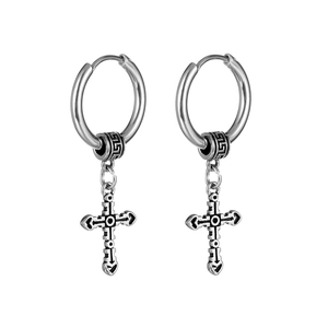 Retro stainless steel huggie hoop earrings with vintage cross pendant for men