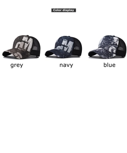 Detailed comparison of three gradient baseball caps with mesh back and 'M' embroidery