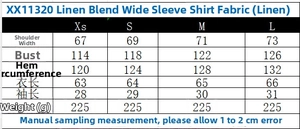 Guide des tailles pour chemise femme en lin à manches larges avec mesures détaillées