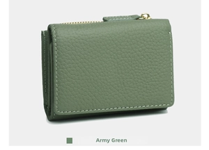 Close-up of army green leather wallet with litchi grain texture and white stitching details