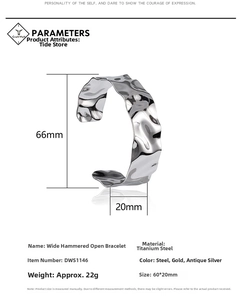 Detailed specs of the 20mm wide water ripple textured stainless steel cuff bracelet
