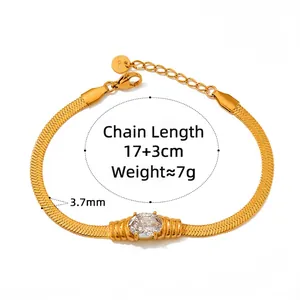 Gold plated stainless steel flat snake chain bracelet with white oval stone for women