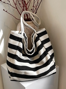 Large Capacity Canvas Tote Bag Striped Minimalist Casual Shoulder Handbag For Women Shopping Travel Korean Style