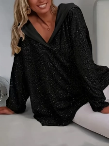 Eleganter übergroßer schwarzer Pailletten Hoodie mit überschnittenen Schultern und Glanz