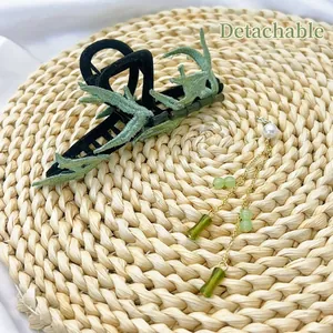 Bamboo leaf embroidery hair claw with a detachable green tassel and pearl charm