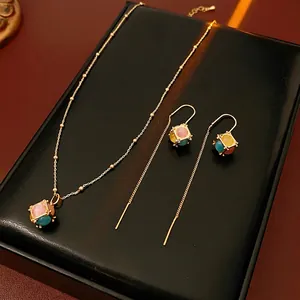 Gold Plated Copper Cat Eye Stone Hollow Cube Pendant Necklace And Threader Earrings With Silver Earring Post
