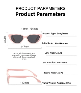 Detailed size chart for pink cat-eye sunglasses with lens width and frame dimensions