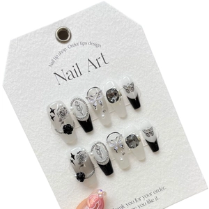 Starry butterfly handmade press-on nails with 3D crystals and gothic rose designs