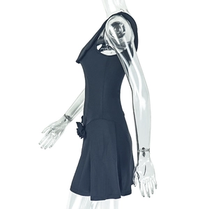 Detail view of the black sleeveless mini dress with a side waist bow on a white background