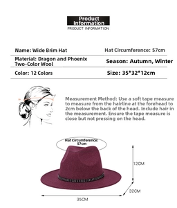Size chart for wide-brimmed two-tone woolen fedora with head circumference measurement guide