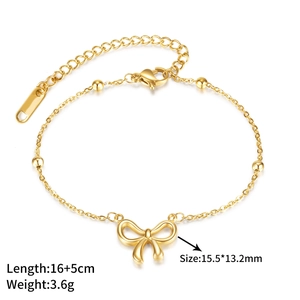 Detail of gold bow pendant necklace showing dimensions and adjustable extender chain