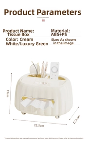 Close-up of cream multi-functional tissue box showing top organizer for remote and pens