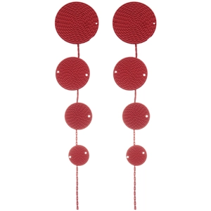 Chic red multi-disc drop earrings with concentric textures and long fringe design