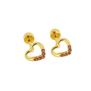 Close-up of gold heart stud earrings with pink crystal accents and secure screw backs