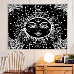 Astrology sun and moon tapestry wall hanging with celestial stars and lotus pattern