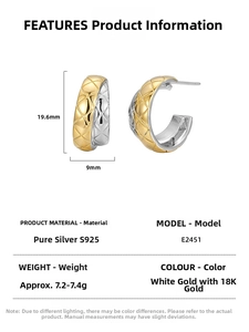 Macro view of S925 sterling silver quilted earrings with detailed dimensions and 18K gold finish