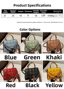 Detailed size chart for quilted chain crossbody bag featuring PU leather dimensions