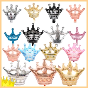 Detailed assortment of colorful crown foil balloons with gold, silver and rose gold finishes