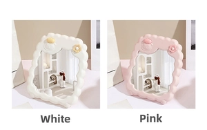 Detailed comparison of white and pink cartoon desk mirrors with wavy frames and cute sheep ears