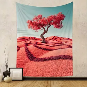 Tapisserie Murale Paysage Naturel Surréaliste Arbre Rouge Ciel Bleu Tissu Polyester Artistique Décor Suspendu Pour Chambre Salon