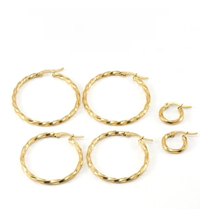 Three sizes of 18K gold plated stainless steel twisted hoop earrings set with hinged closure