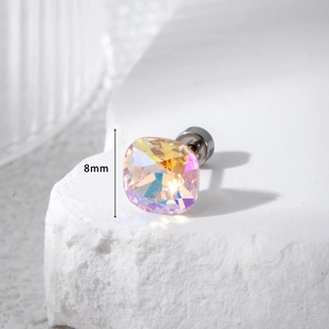 8mm square iridescent crystal stud earring with titanium steel post on white stone