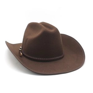 Detail of brown wool cowboy hat featuring a braided leather band and metal buckle