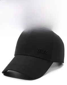 Close-up of black baseball cap featuring 3D embroidered N.Y.S letters and premium stitching