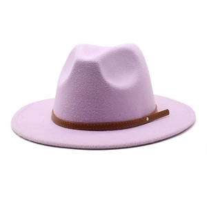 Detailed close-up of light purple wool fedora hat with brown leather belt and silver buckle