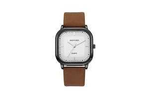 Macro view of square quartz watch with black metal case and brown leather strap detail