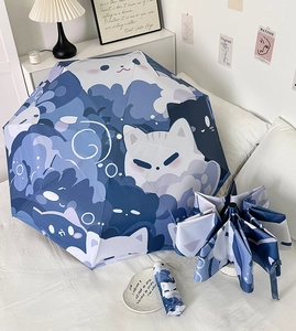 Detail of navy blue cat umbrella showing open, folded states and matching storage case