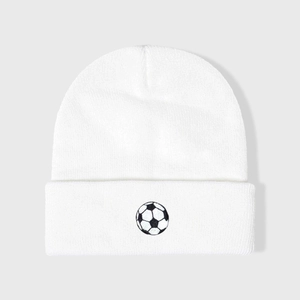White knitted beanie featuring a classic embroidered soccer ball on the front cuff
