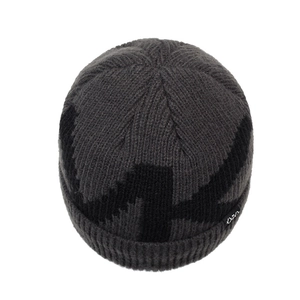 Dark grey knit beanie with geometric patterns and folded cuff for winter warmth