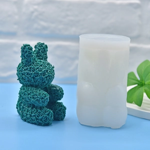 Green rose flower bunny silicone mold for DIY candles, soap and cake baking projects