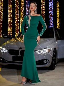 Elegant Evening Gown Sequin Mesh Splicing Asymmetric Neckline Slim Fit Mermaid Hem Party Long Dress For Women