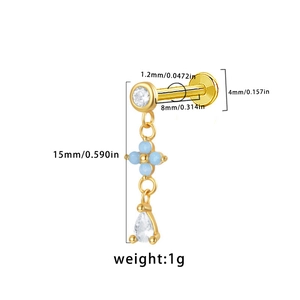 Detailed size specifications for the gold piercing stud with light blue gemstones