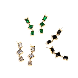 Vertical geometric zircon drop earrings in emerald green, black and clear crystal with gold plating