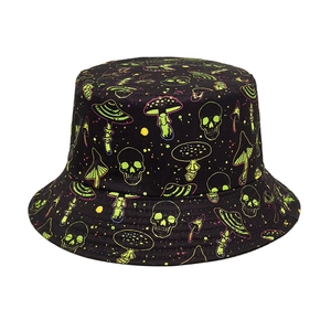 Bucket Hat Polyester Sun Protection Outdoor Skull Mushroom Neon Graffiti Print Double Sided Fisherman Cap Unisex