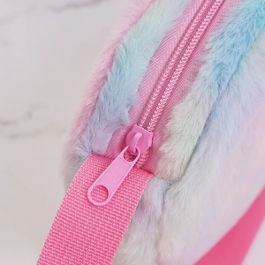 Plush rainbow tie-dye unicorn crossbody bag for girls with pink zipper and strap